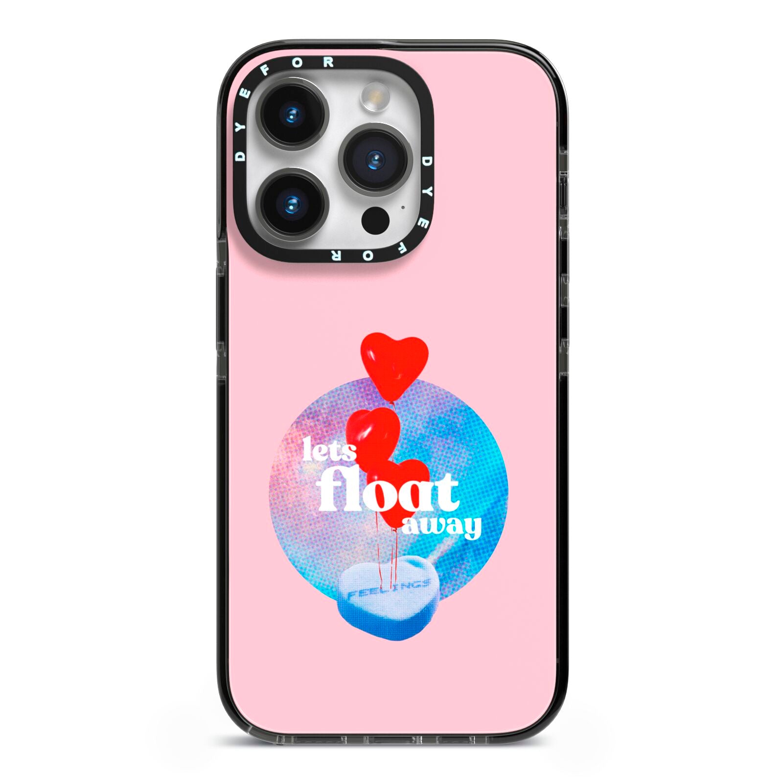 Lets Float Away Valentine iPhone 14 Pro Black Impact Case on Silver phone