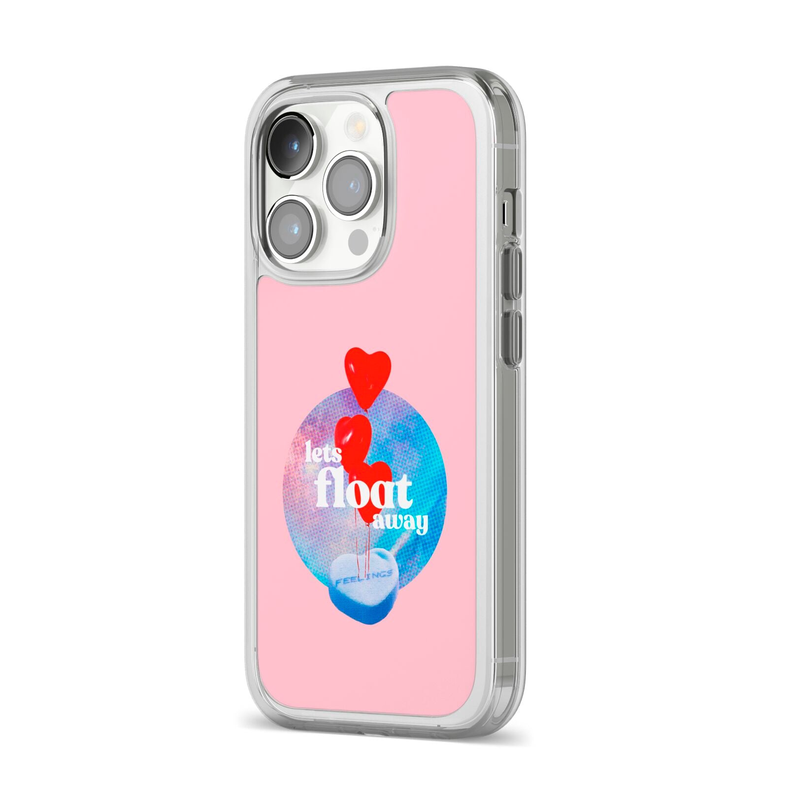 Lets Float Away Valentine iPhone 14 Pro Clear Tough Case Silver Angled Image