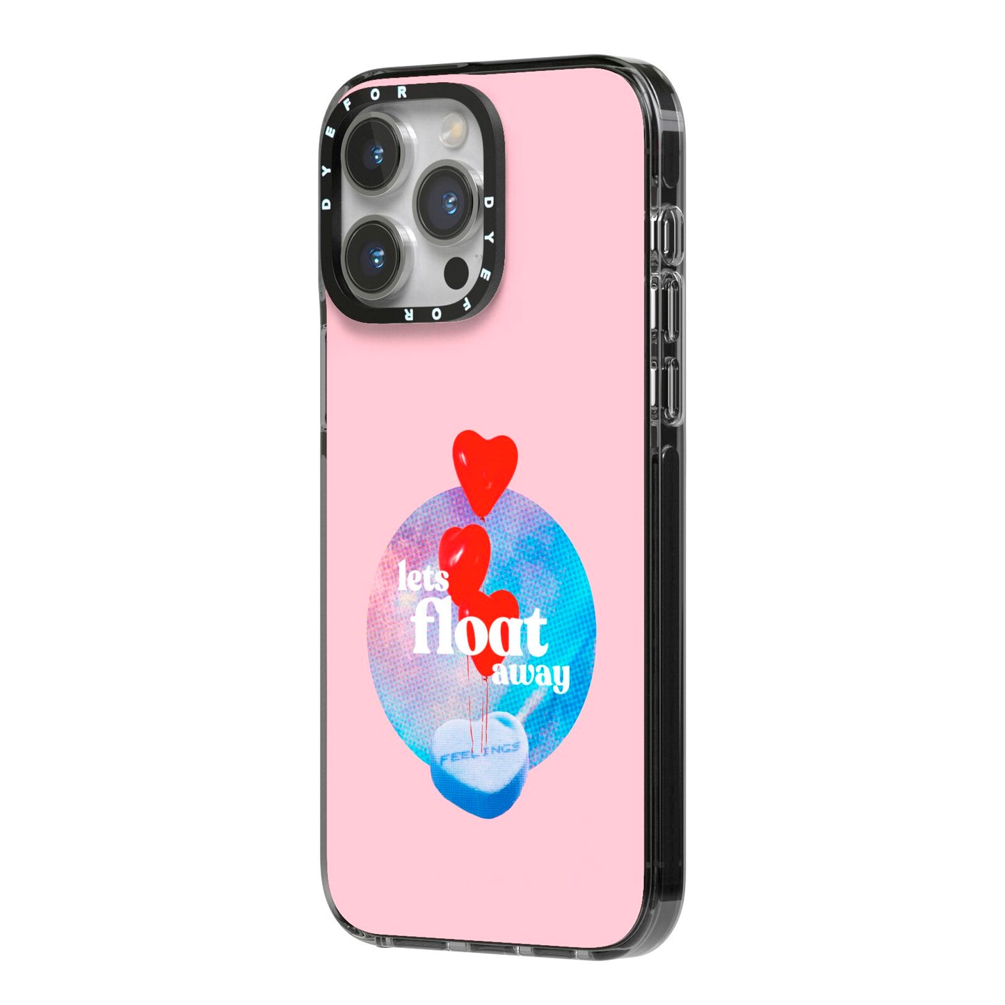 Lets Float Away Valentine iPhone 14 Pro Max Black Impact Case Side Angle on Silver phone