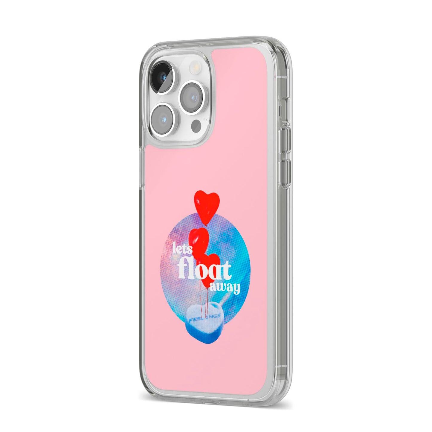 Lets Float Away Valentine iPhone 14 Pro Max Clear Tough Case Silver Angled Image