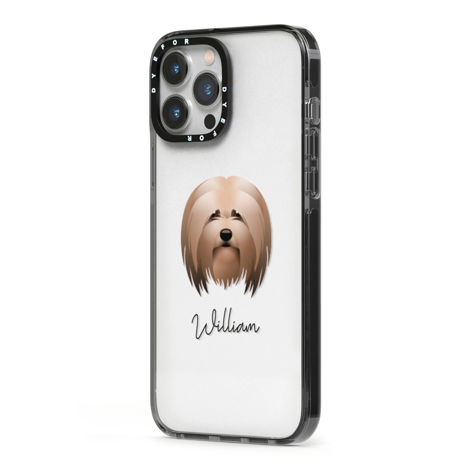 Lhasa Apso Personalised iPhone 13 Pro Max Black Impact Case Side Angle on Silver phone