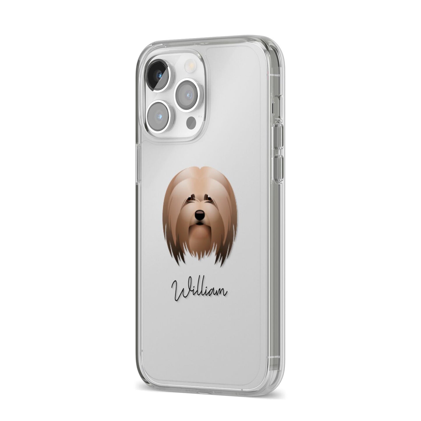Lhasa Apso Personalised iPhone 14 Pro Max Clear Tough Case Silver Angled Image