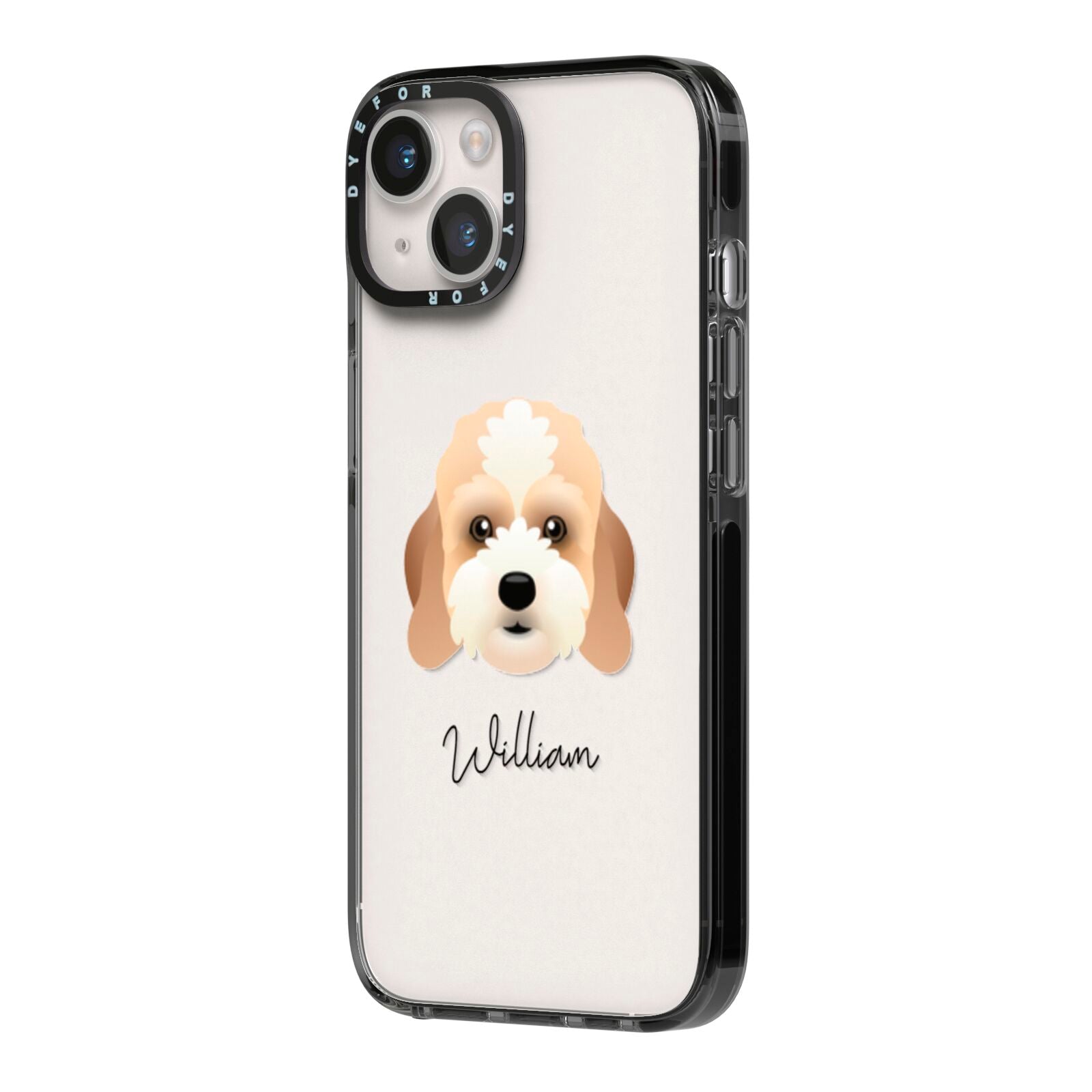 Lhasapoo Personalised iPhone 14 Black Impact Case Side Angle on Silver phone