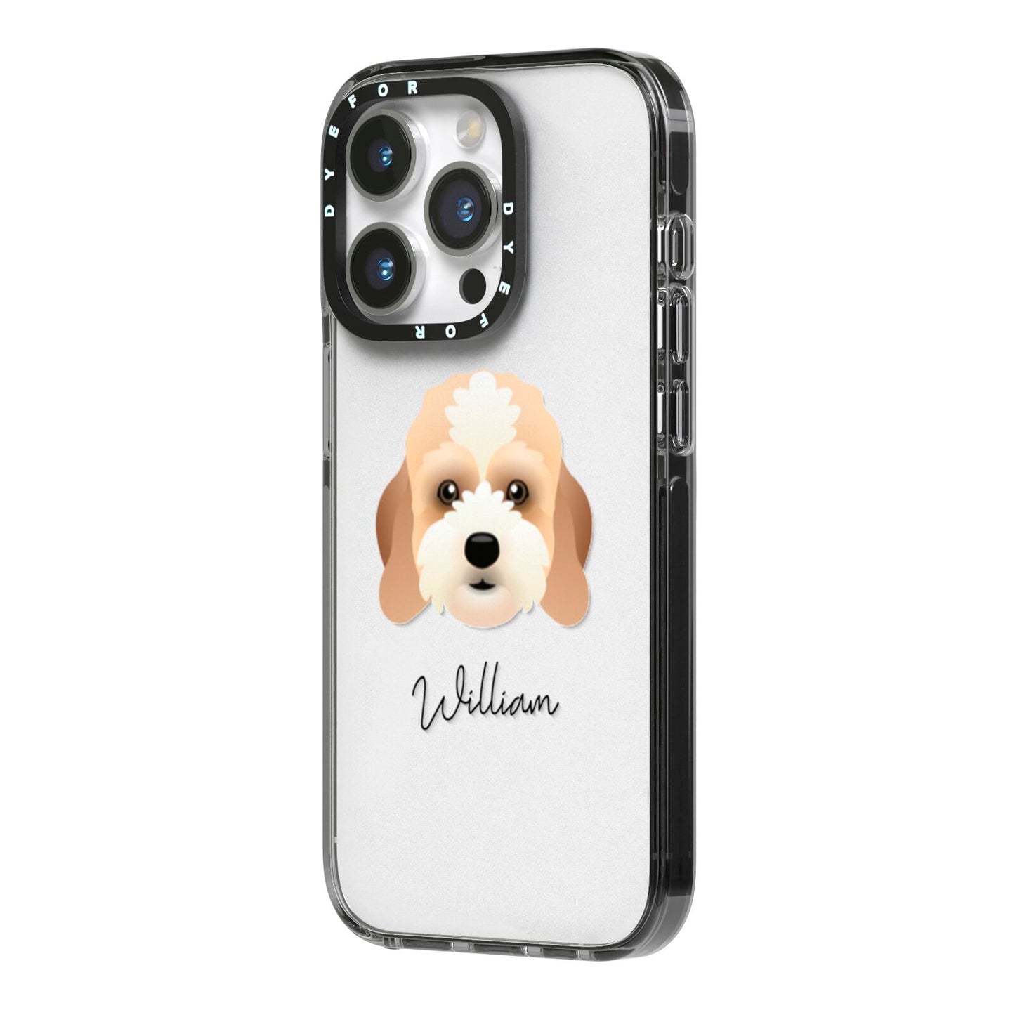 Lhasapoo Personalised iPhone 14 Pro Black Impact Case Side Angle on Silver phone