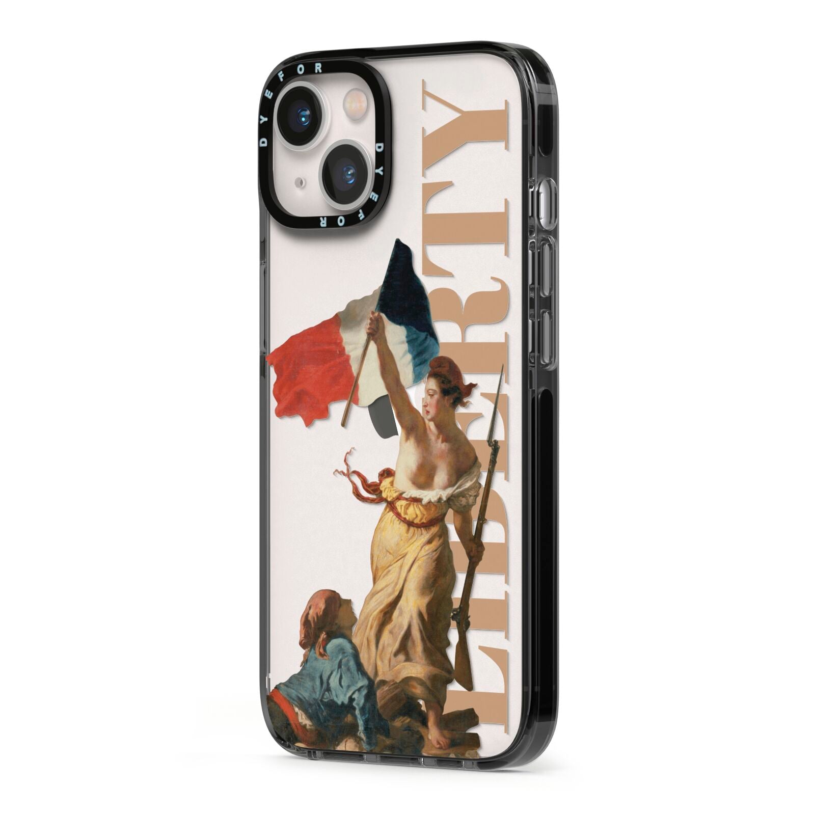 Liberty iPhone 13 Black Impact Case Side Angle on Silver phone