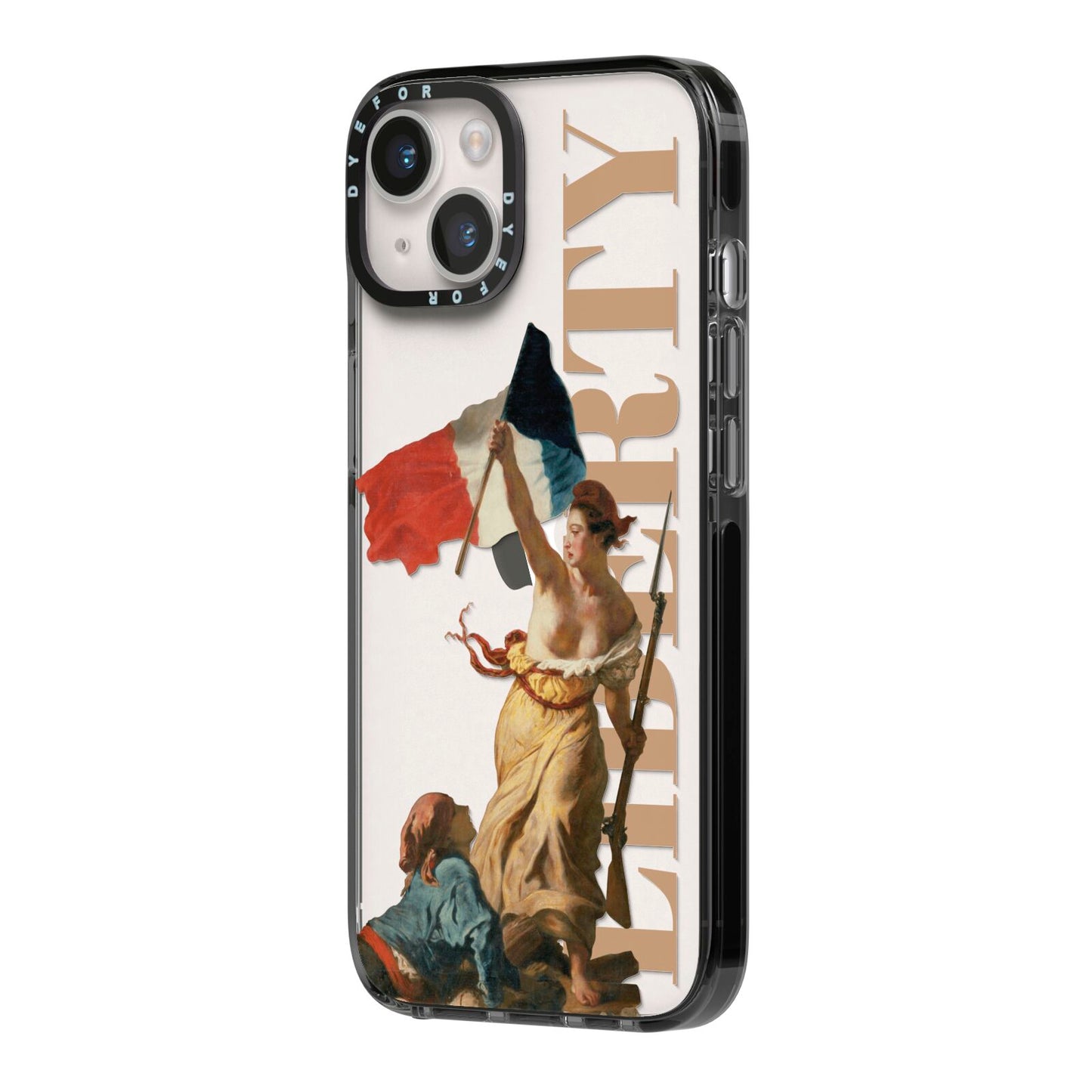 Liberty iPhone 14 Black Impact Case Side Angle on Silver phone