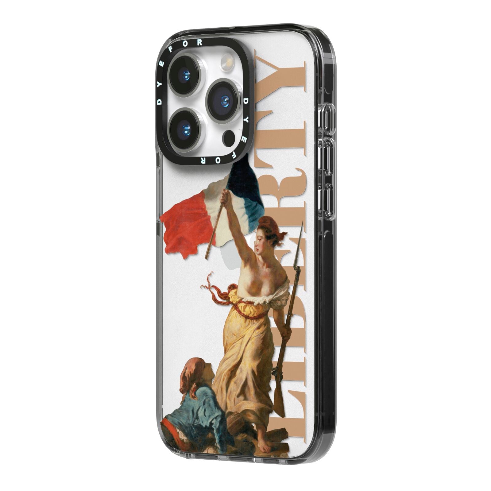 Liberty iPhone 14 Pro Black Impact Case Side Angle on Silver phone