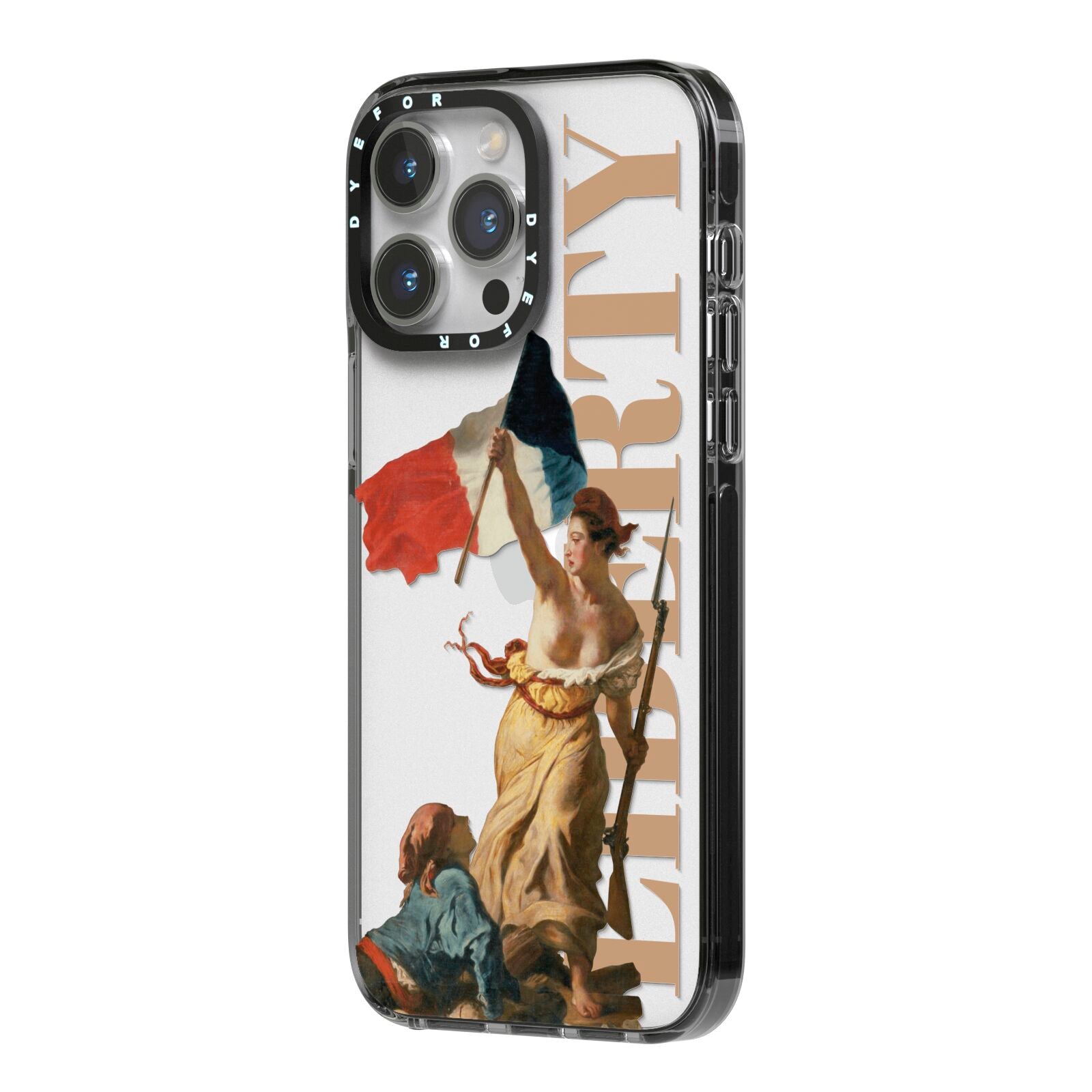 Liberty iPhone 14 Pro Max Black Impact Case Side Angle on Silver phone