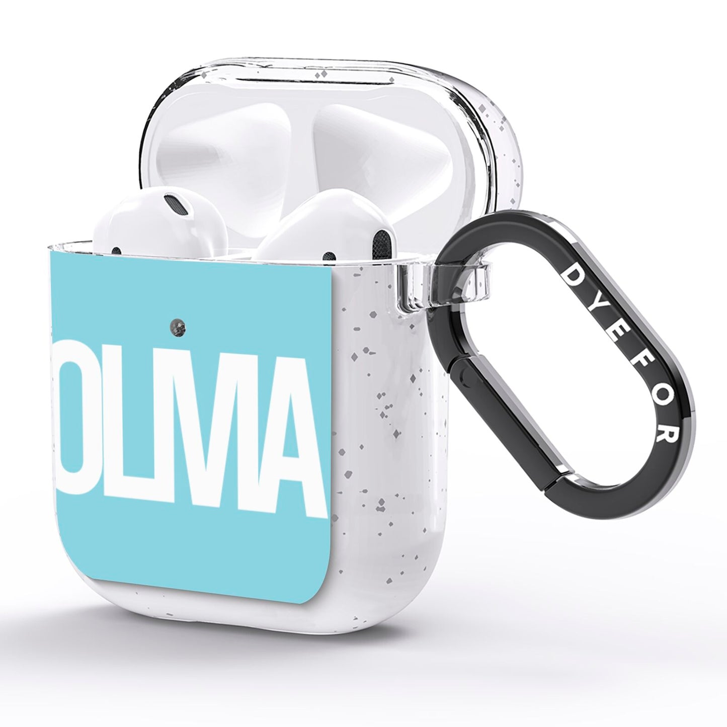 Light Blue with Bold White Name AirPods Glitter Case Side Image