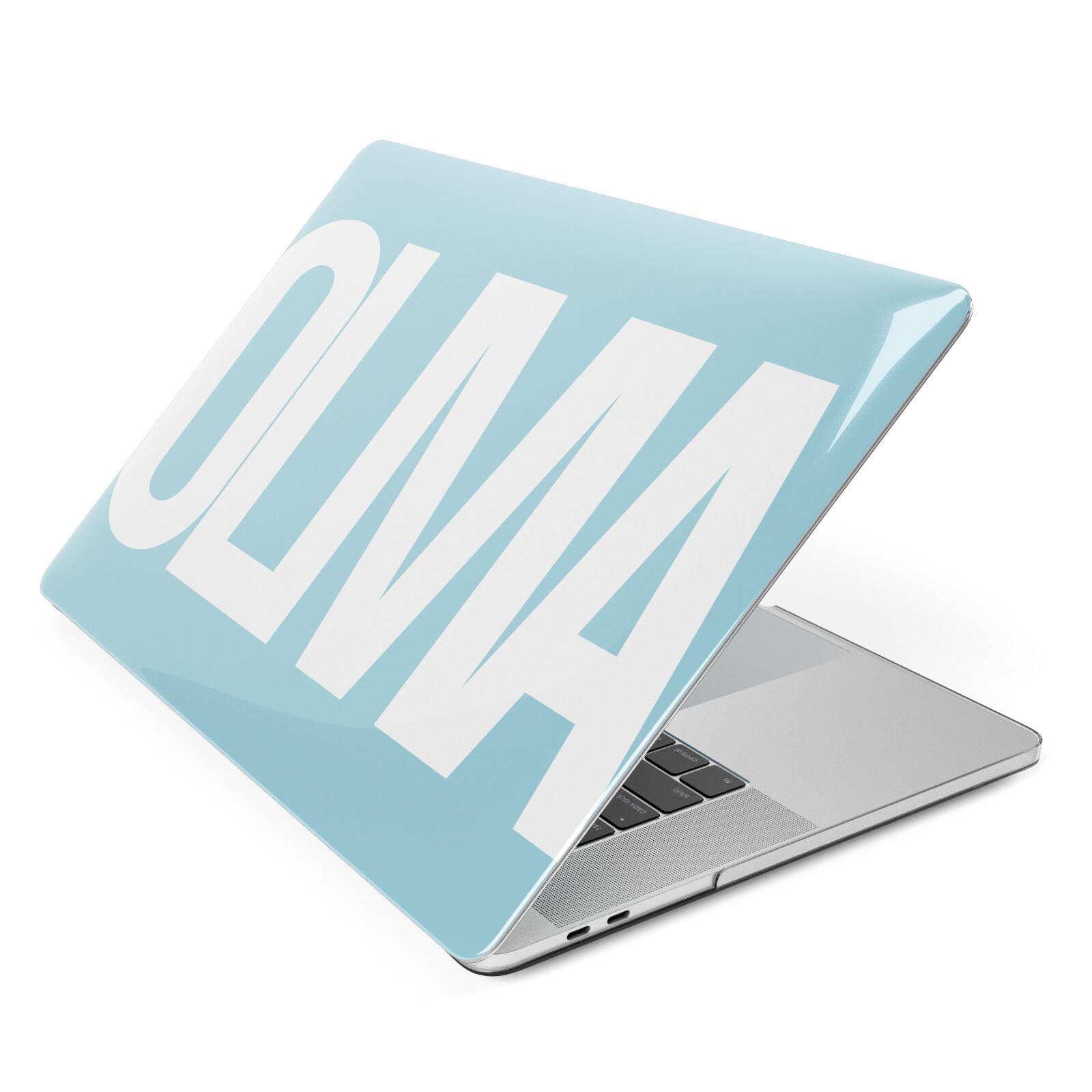 Light Blue with Bold White Name Apple MacBook Case Side View