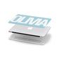 Light Blue with Bold White Name Apple MacBook Case in Detail
