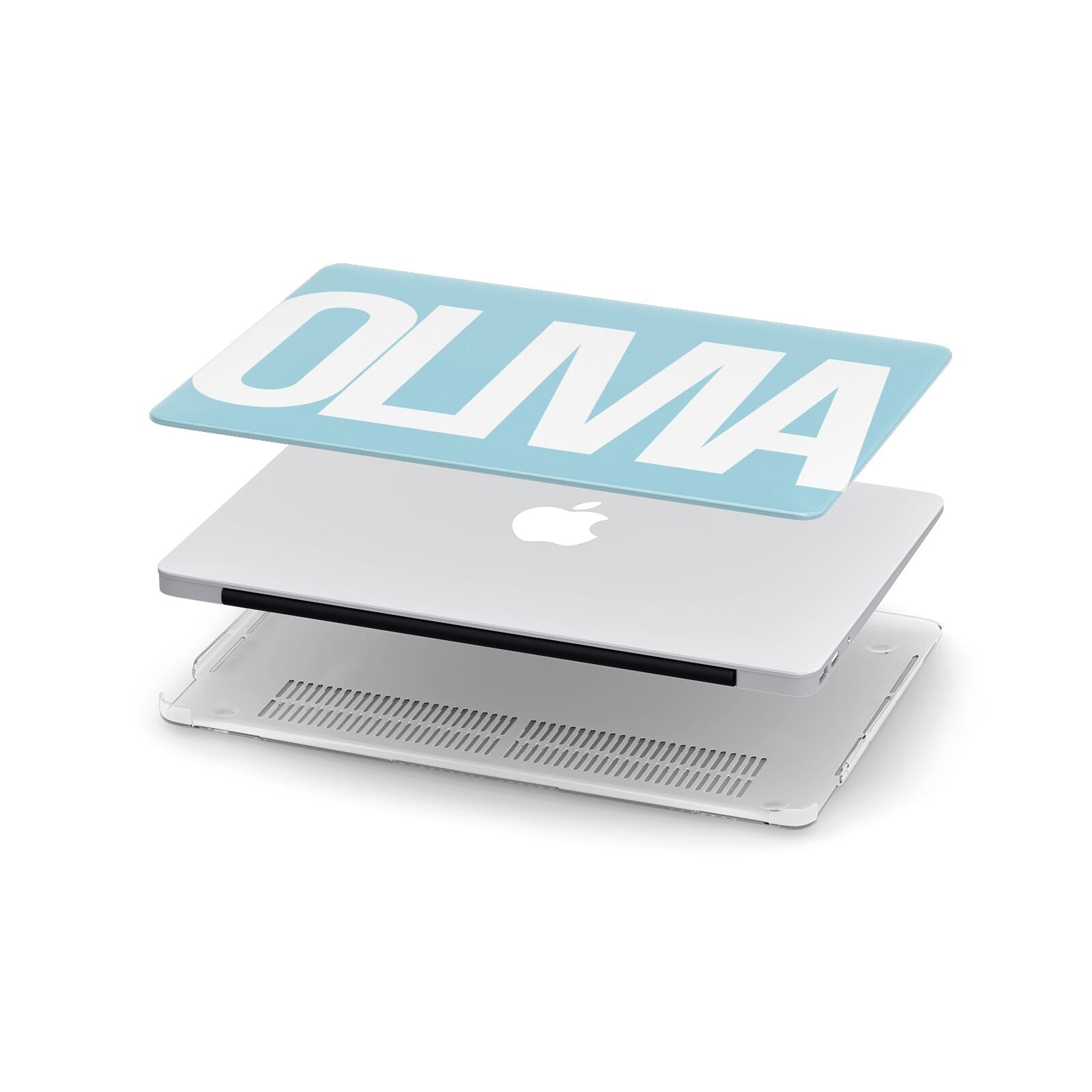 Light Blue with Bold White Name Apple MacBook Case in Detail