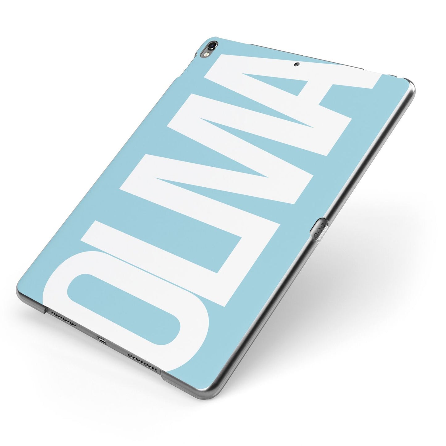 Light Blue with Bold White Name Apple iPad Case on Grey iPad Side View