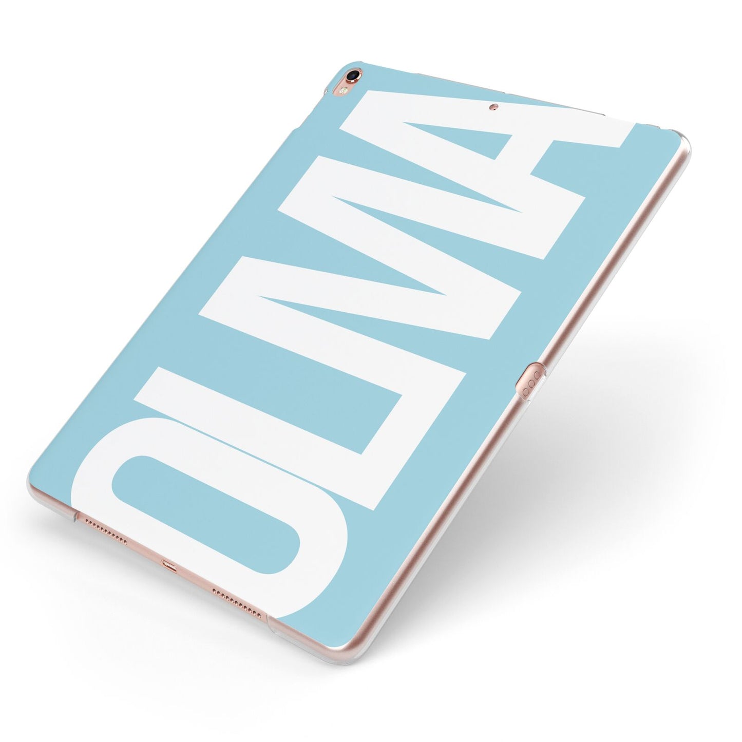 Light Blue with Bold White Name Apple iPad Case on Rose Gold iPad Side View