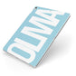 Light Blue with Bold White Name Apple iPad Case on Silver iPad Side View