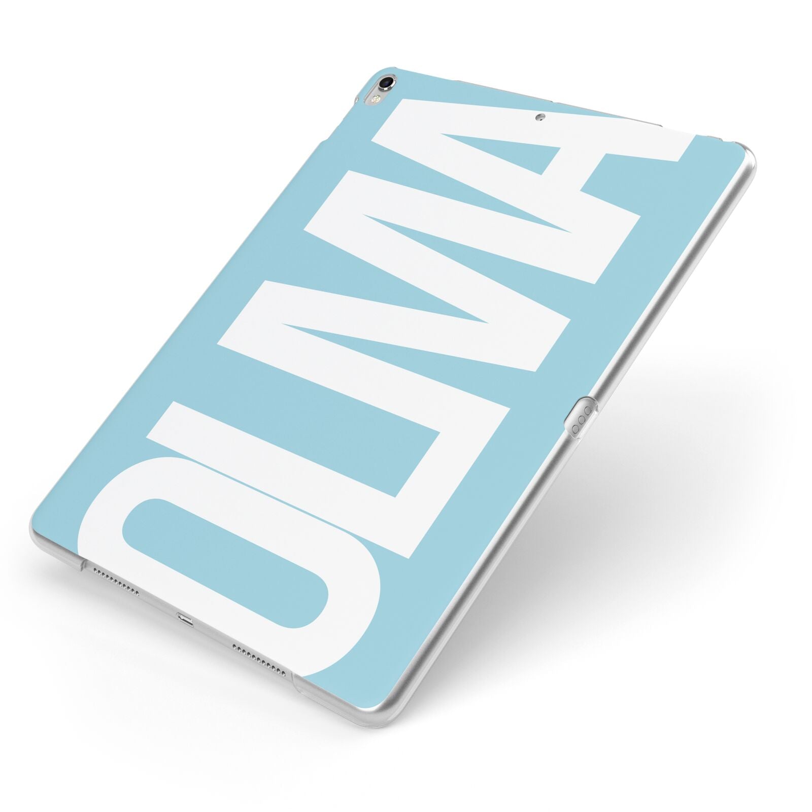 Light Blue with Bold White Name Apple iPad Case on Silver iPad Side View