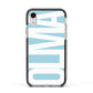 Light Blue with Bold White Name Apple iPhone XR Impact Case Black Edge on Silver Phone