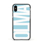 Light Blue with Bold White Name Apple iPhone Xs Impact Case Black Edge on Black Phone