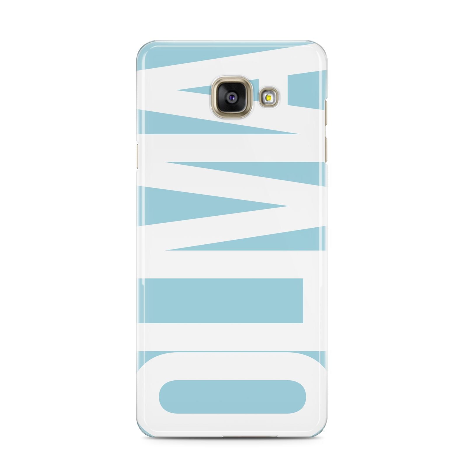 Light Blue with Bold White Name Samsung Galaxy A3 2016 Case on gold phone