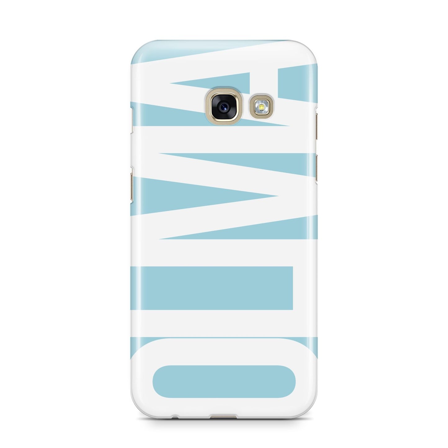 Light Blue with Bold White Name Samsung Galaxy A3 2017 Case on gold phone