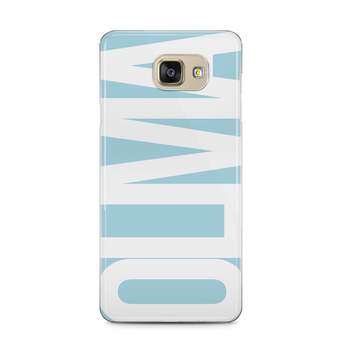 Light Blue with Bold White Name Samsung Galaxy A5 2016 Case on gold phone