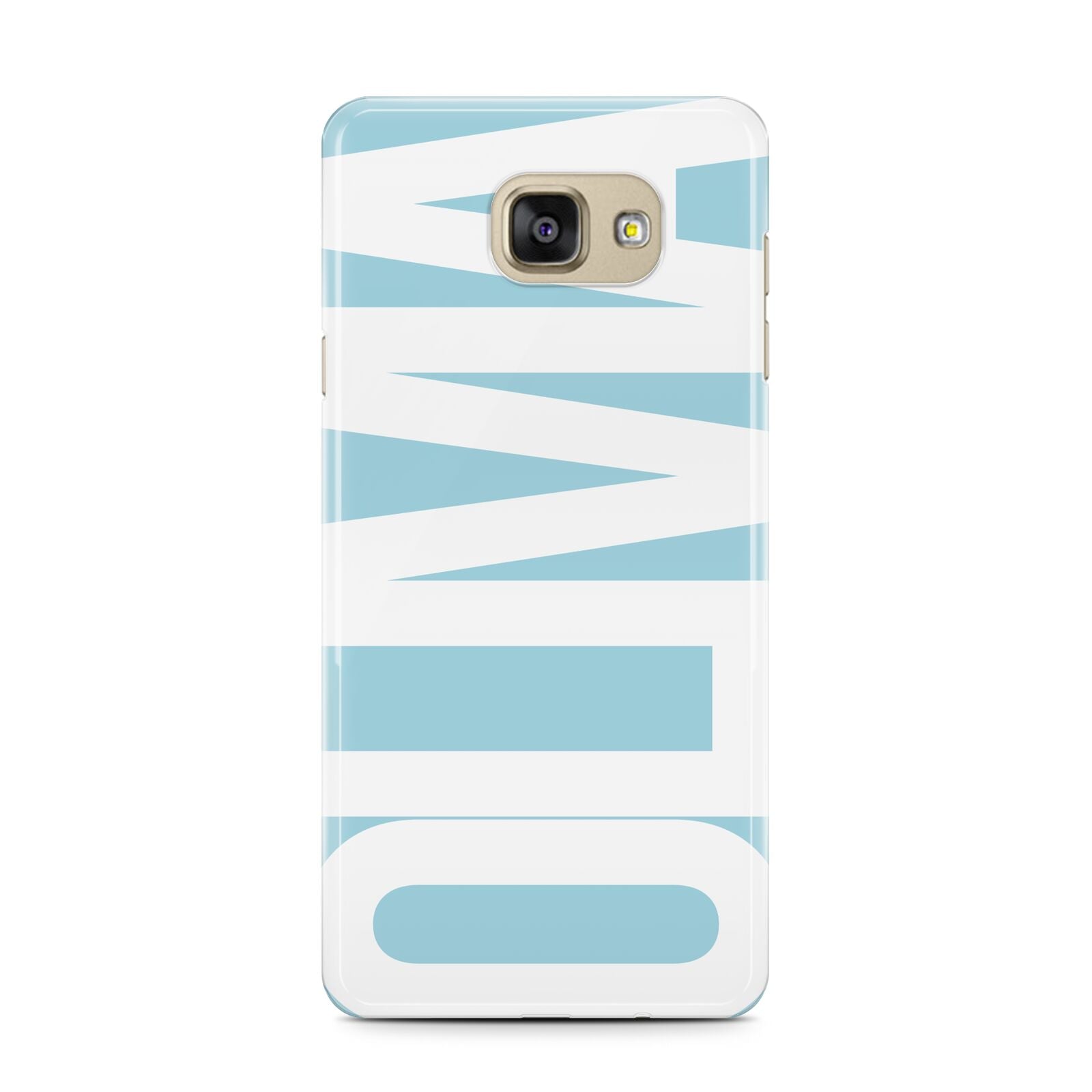 Light Blue with Bold White Name Samsung Galaxy A7 2016 Case on gold phone