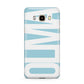 Light Blue with Bold White Name Samsung Galaxy J7 2016 Case on gold phone