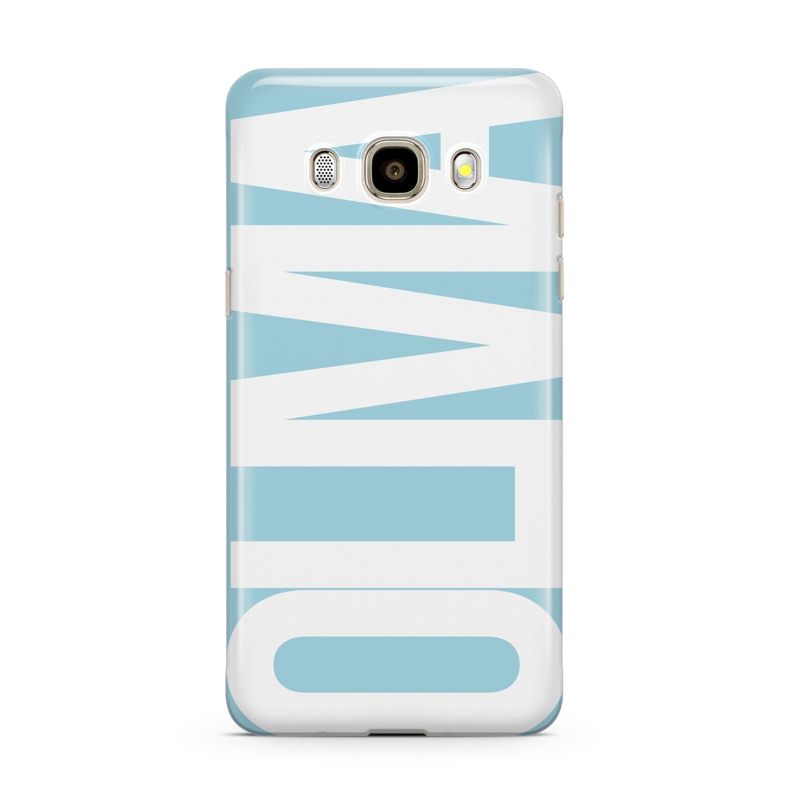 Light Blue with Bold White Name Samsung Galaxy J7 2016 Case on gold phone