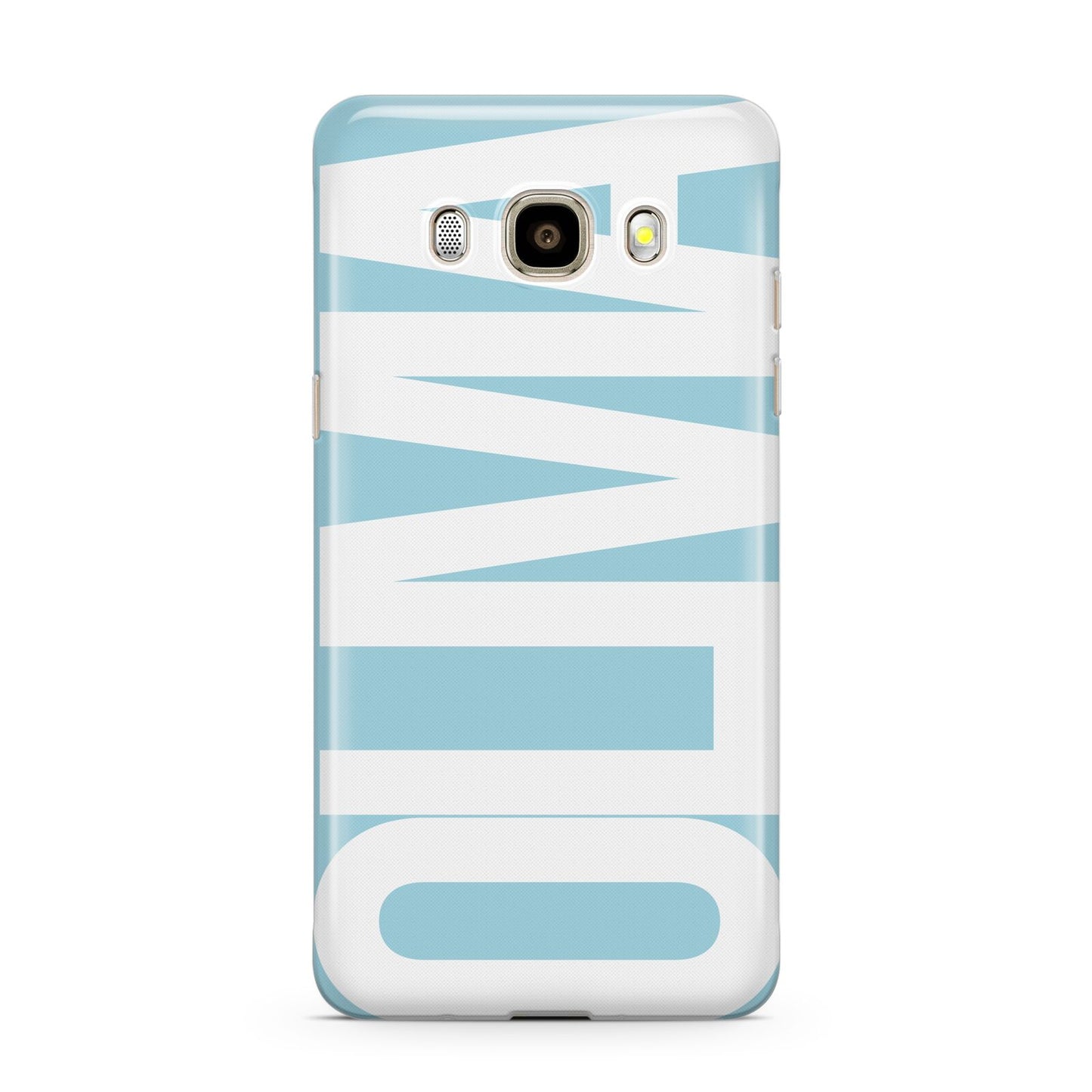 Light Blue with Bold White Name Samsung Galaxy J7 2016 Case on gold phone