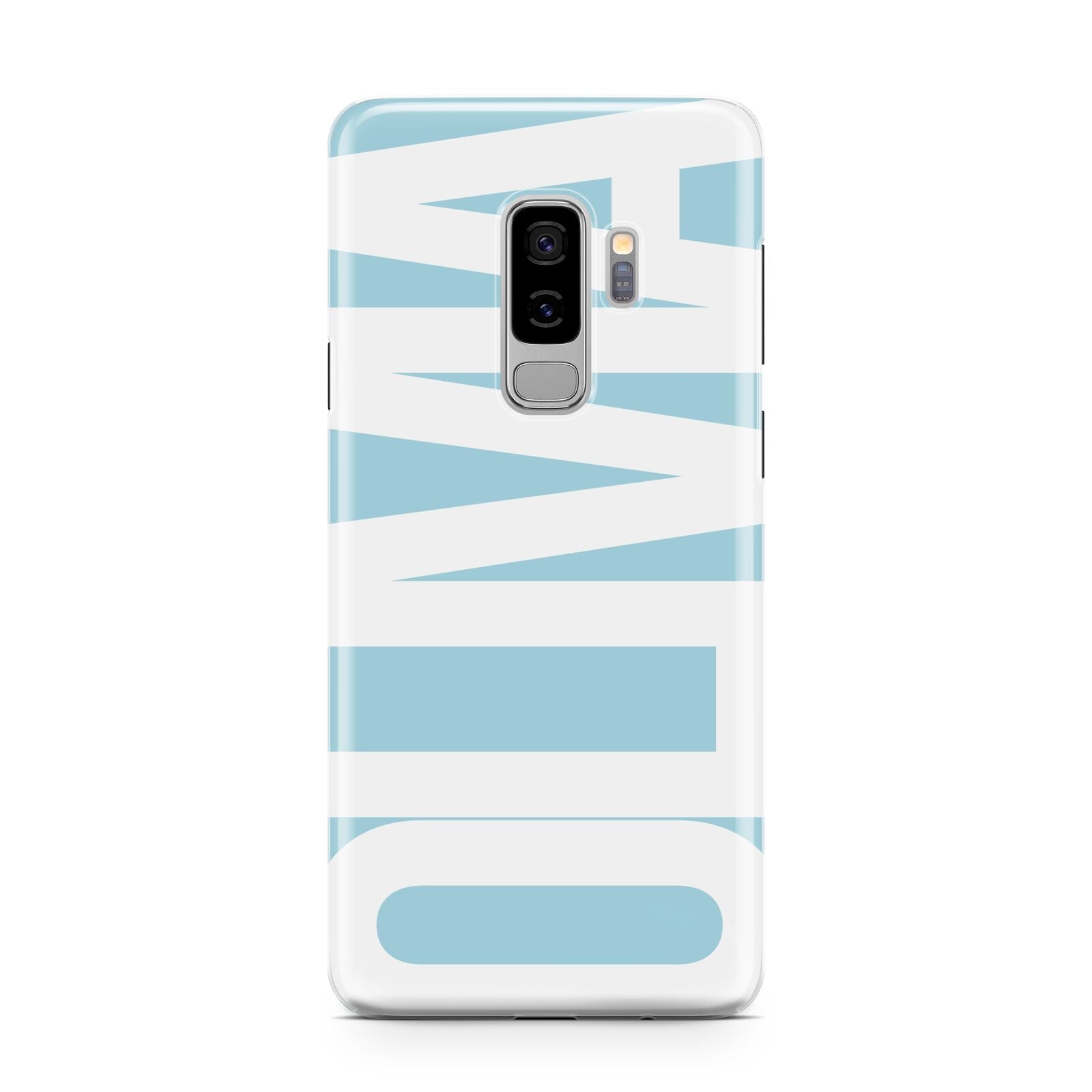 Light Blue with Bold White Name Samsung Galaxy S9 Plus Case on Silver phone