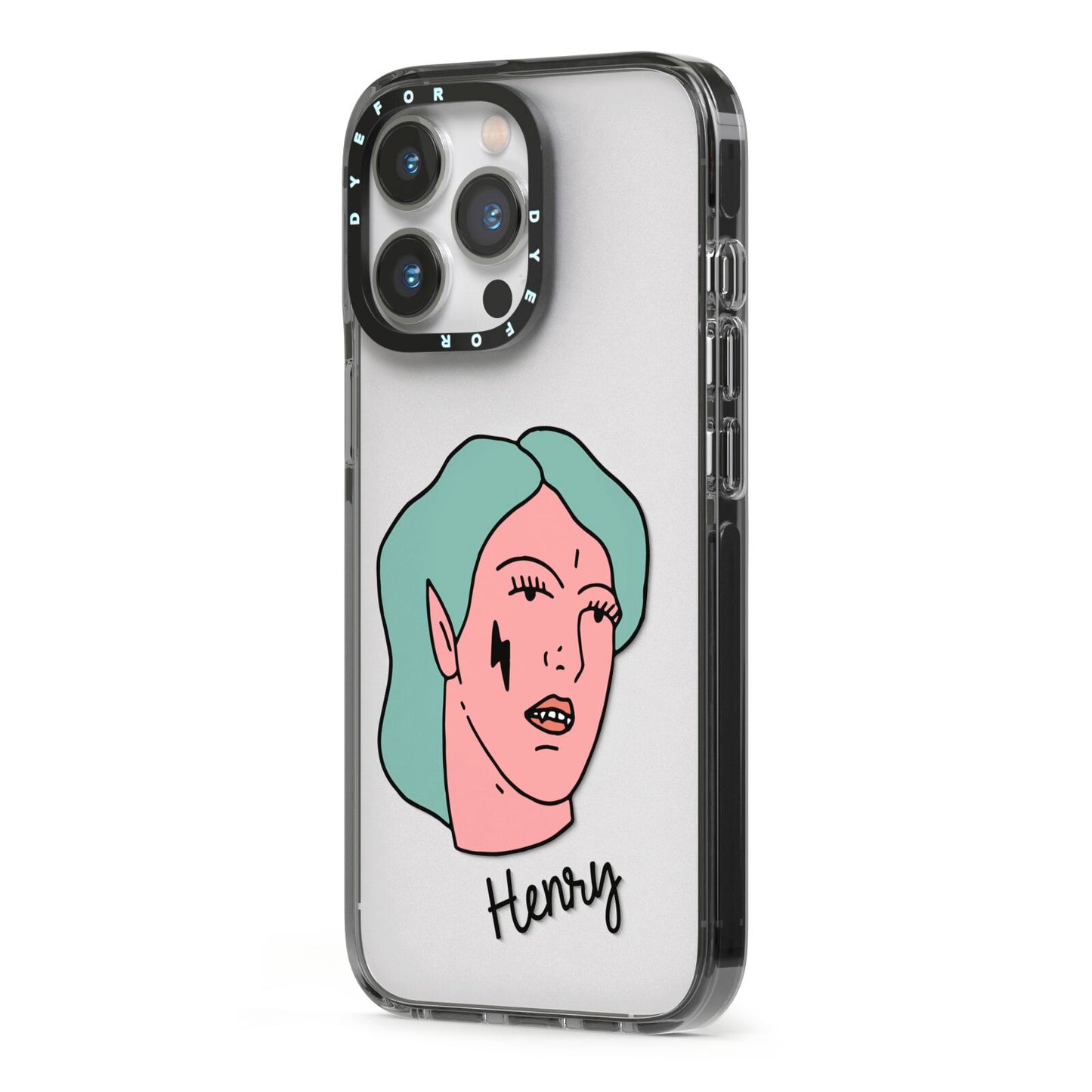 Lightning Fang Face Custom iPhone 13 Pro Black Impact Case Side Angle on Silver phone