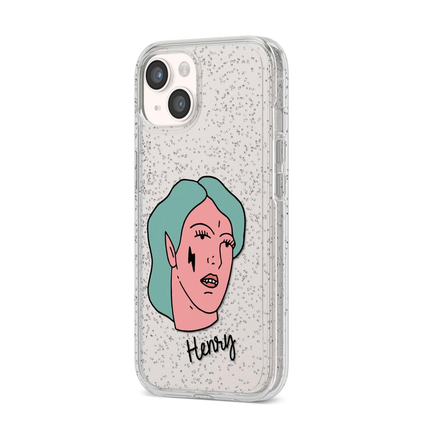 Lightning Fang Face Custom iPhone 14 Glitter Tough Case Starlight Angled Image