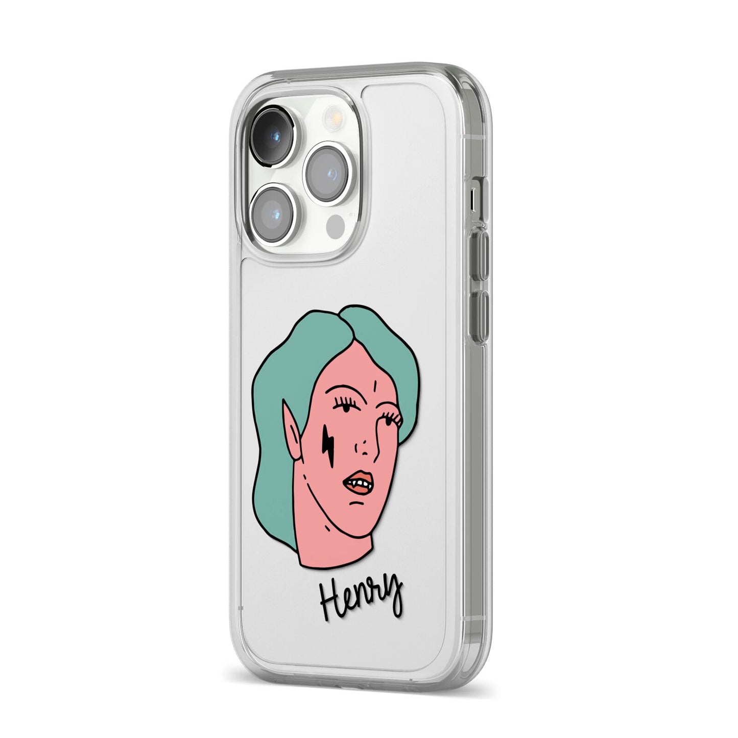 Lightning Fang Face Custom iPhone 14 Pro Clear Tough Case Silver Angled Image