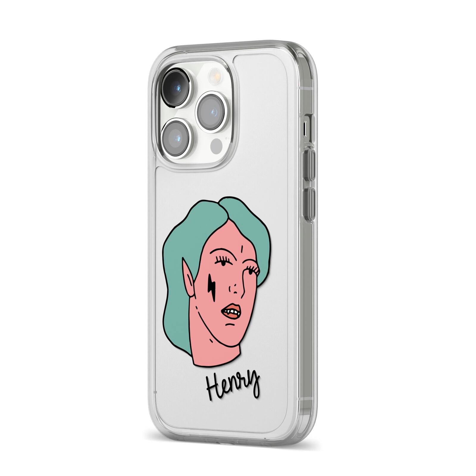 Lightning Fang Face Custom iPhone 14 Pro Clear Tough Case Silver Angled Image