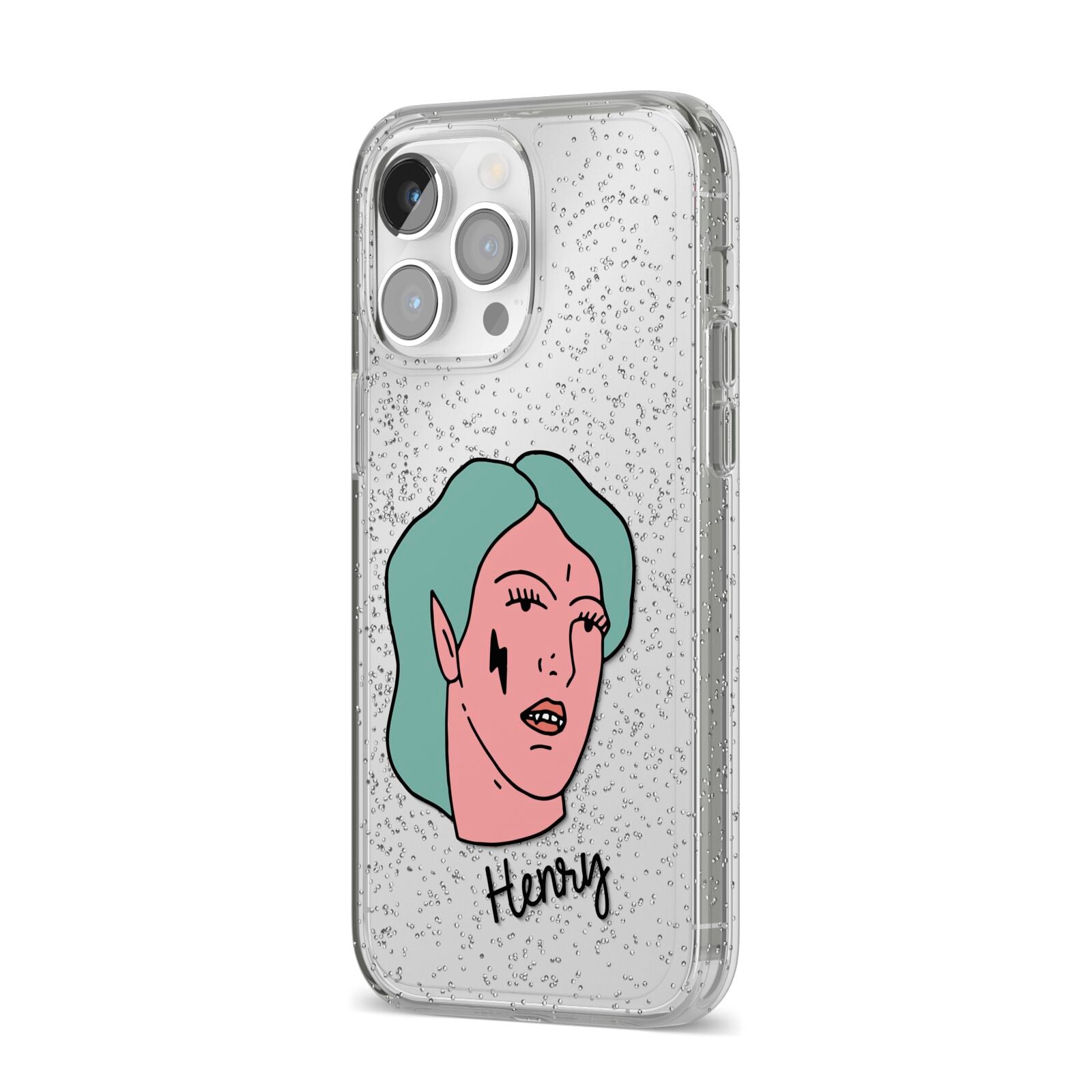 Lightning Fang Face Custom iPhone 14 Pro Max Glitter Tough Case Silver Angled Image