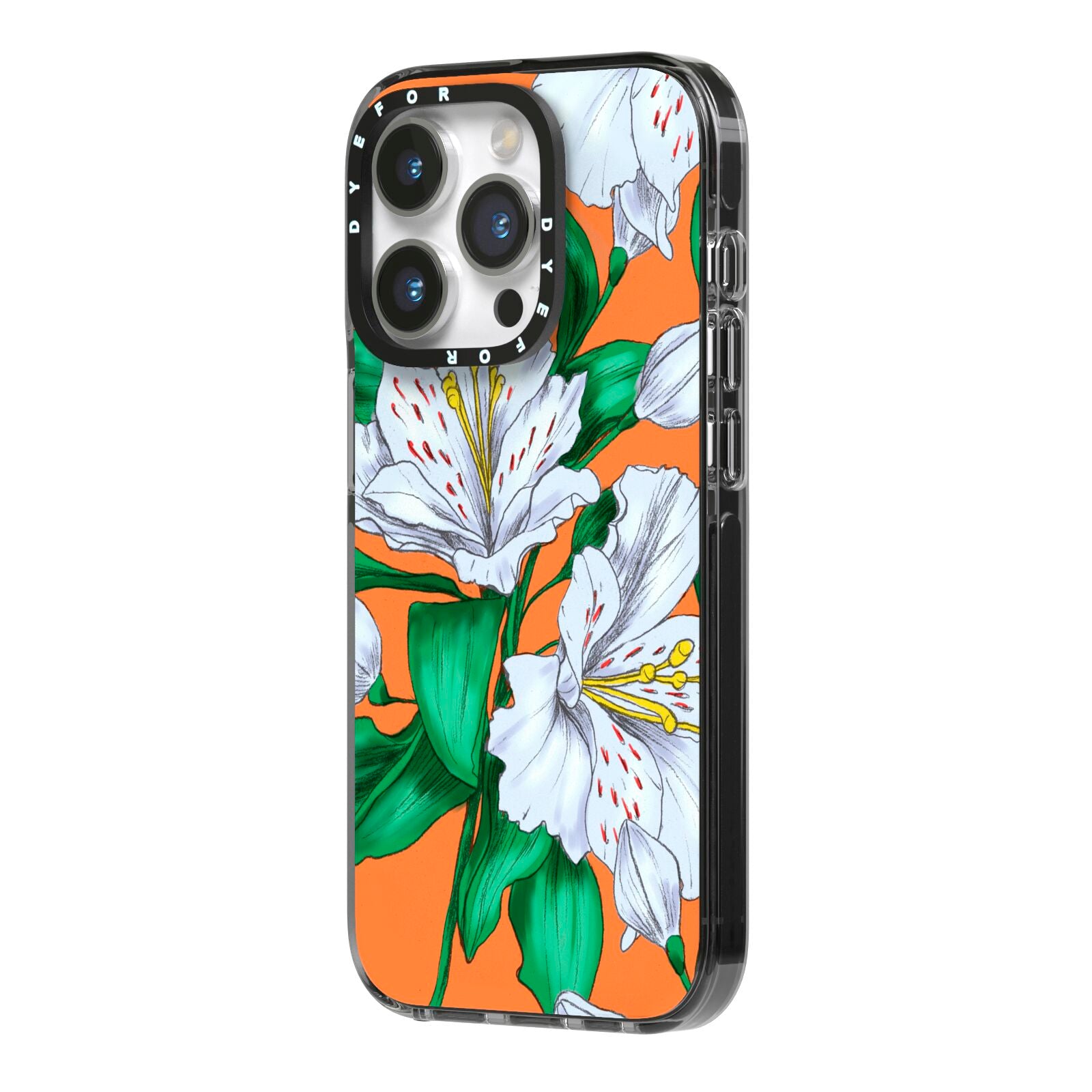 Lily iPhone 14 Pro Black Impact Case Side Angle on Silver phone