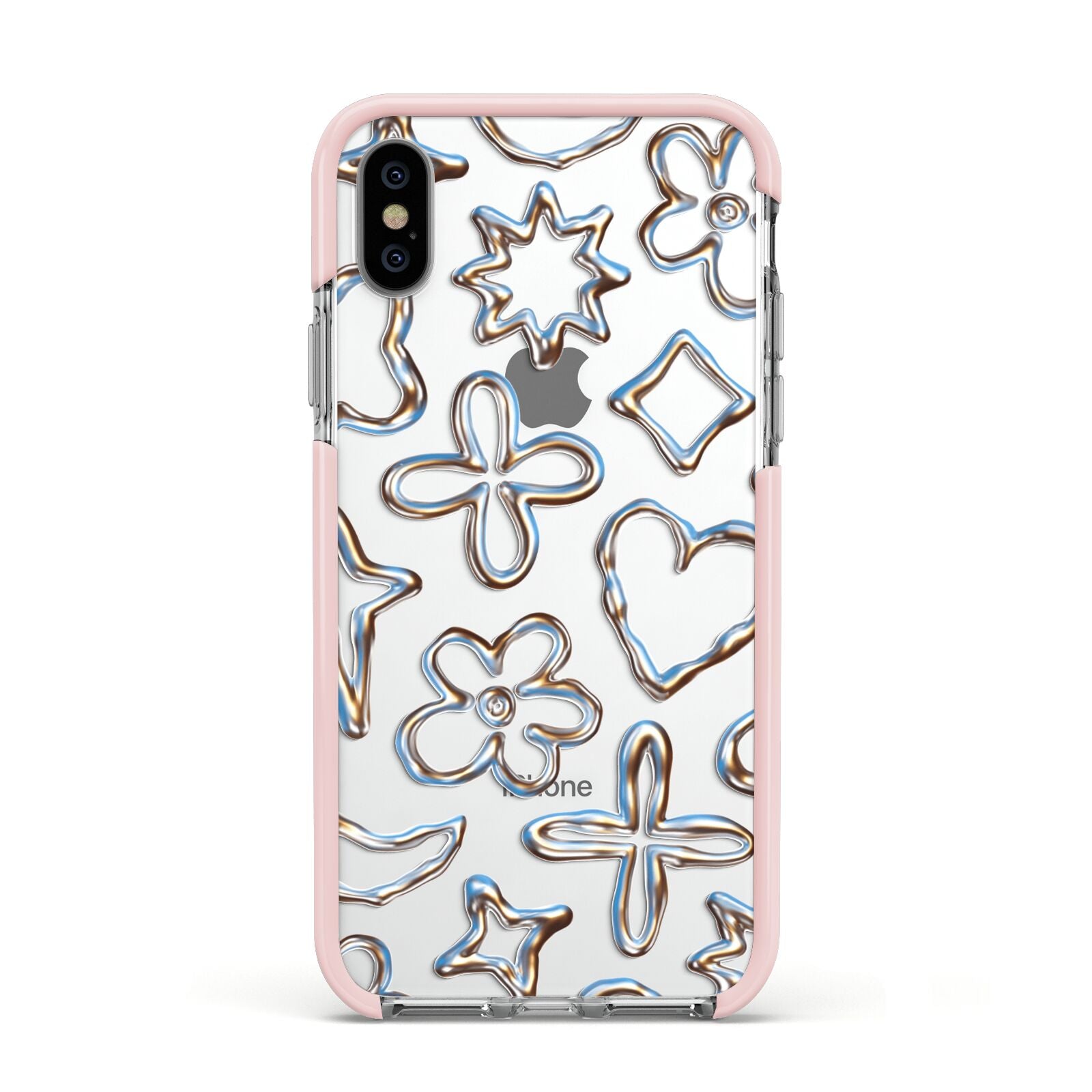 Liquid Chrome Doodles Apple iPhone Xs Impact Case Pink Edge on Silver Phone