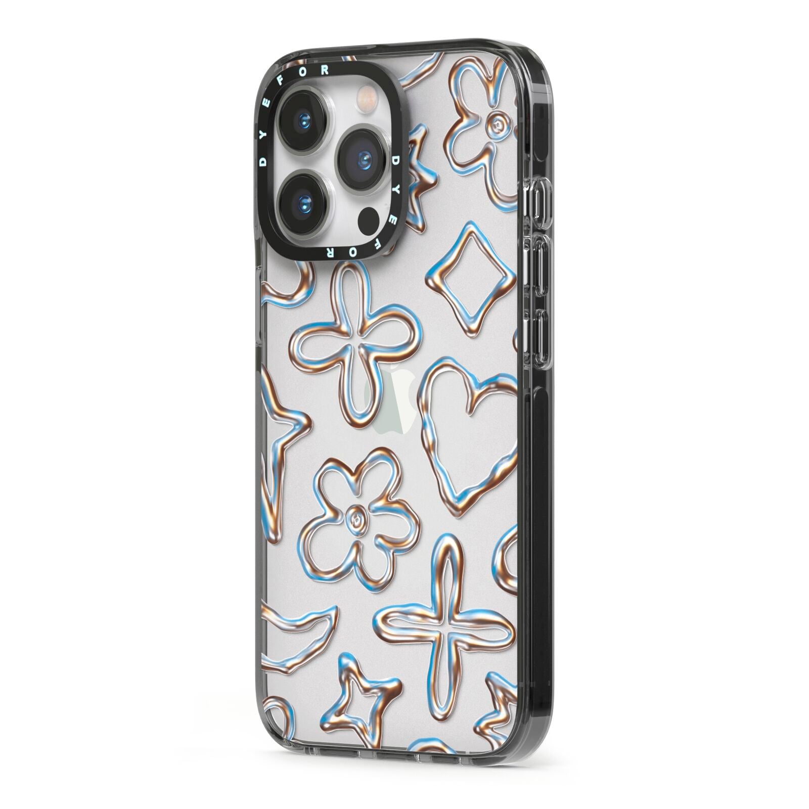 Liquid Chrome Doodles iPhone 13 Pro Black Impact Case Side Angle on Silver phone