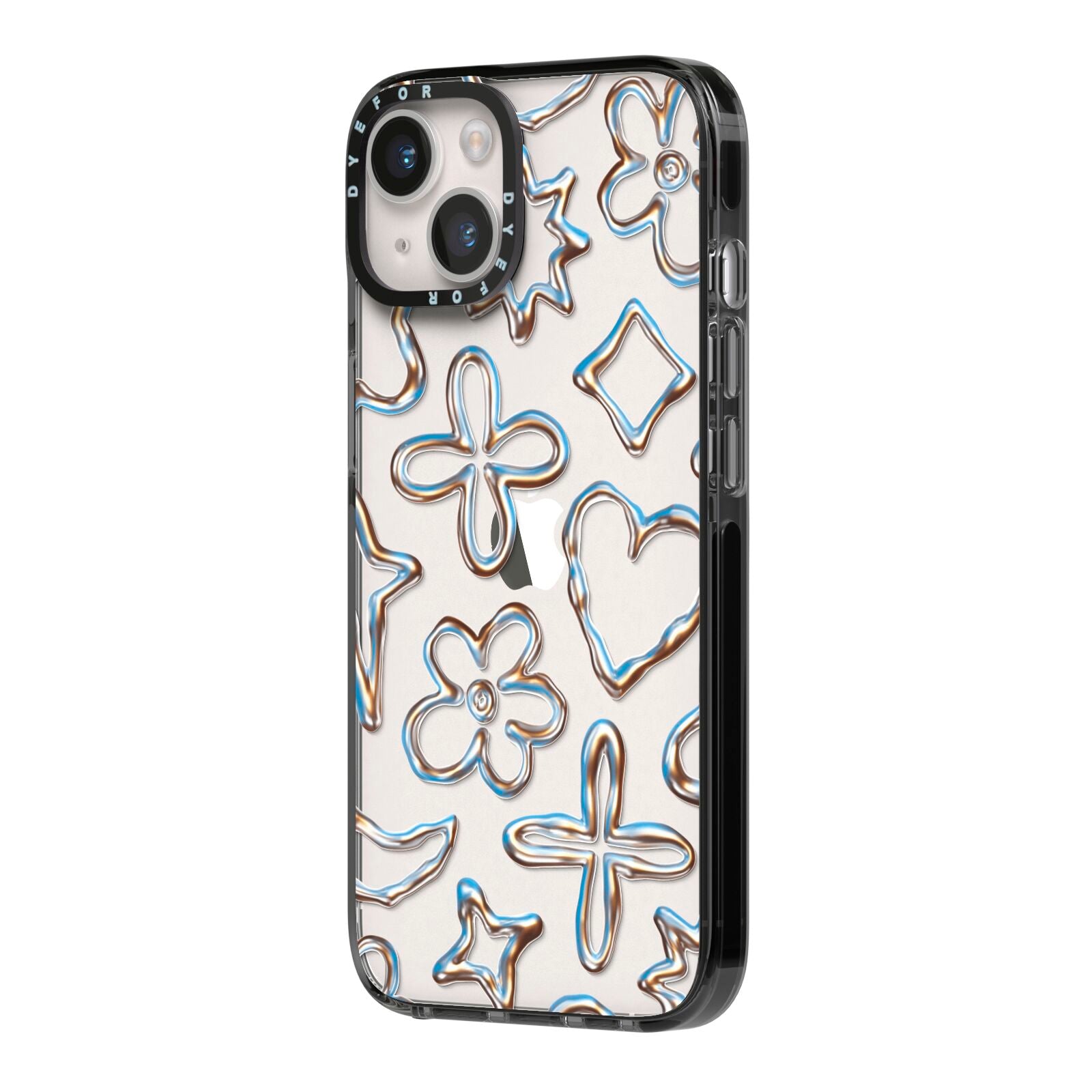 Liquid Chrome Doodles iPhone 14 Black Impact Case Side Angle on Silver phone