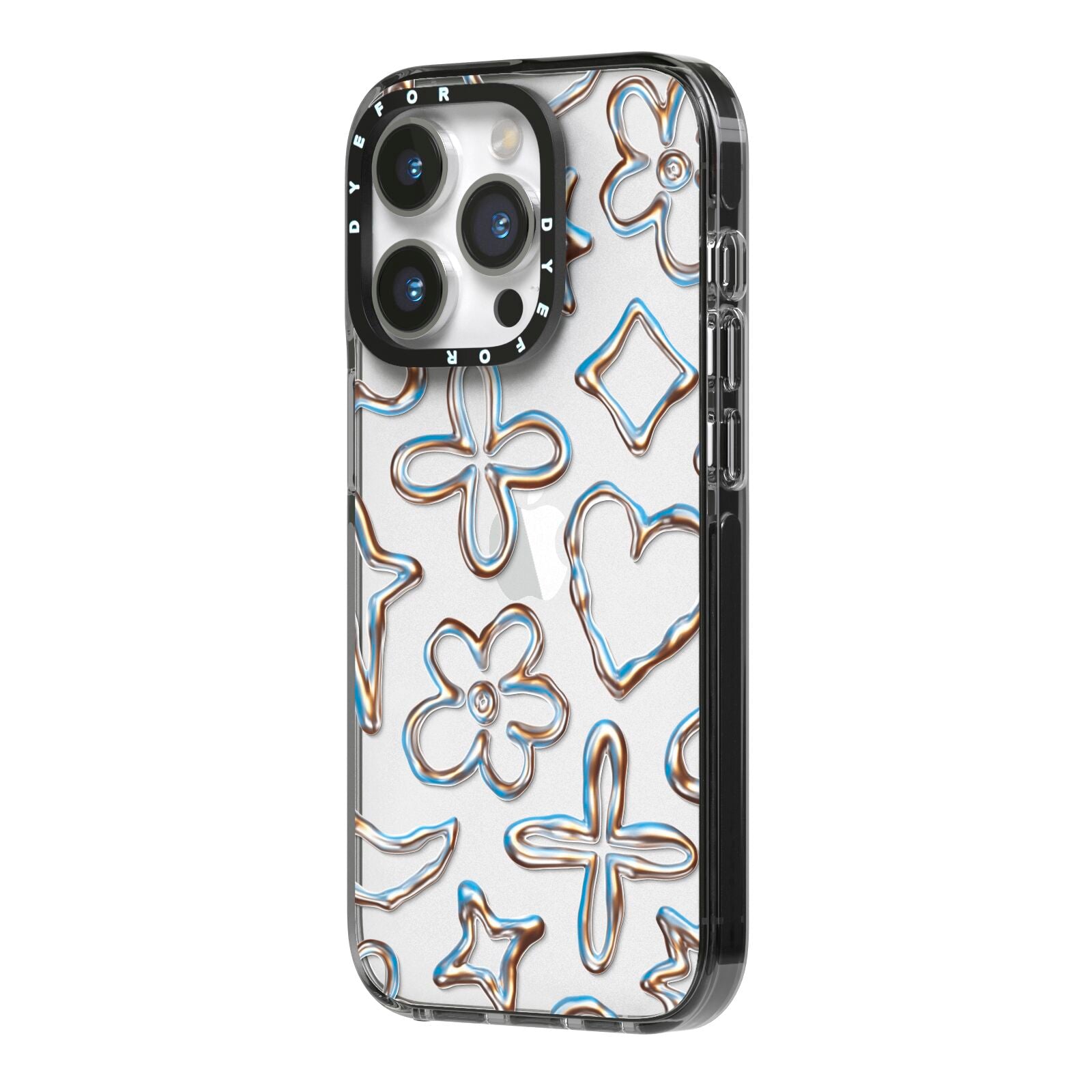 Liquid Chrome Doodles iPhone 14 Pro Black Impact Case Side Angle on Silver phone