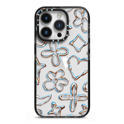 Liquid Chrome Doodles iPhone 14 Pro Black Impact Case on Silver phone