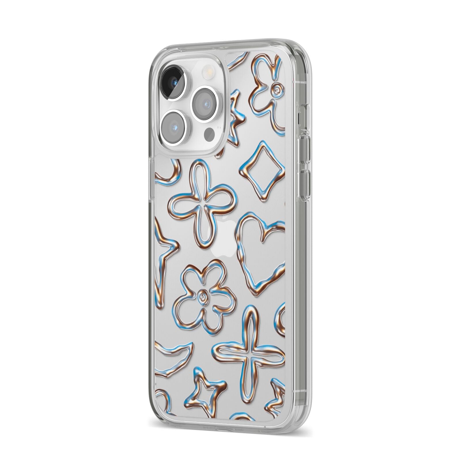 Liquid Chrome Doodles iPhone 14 Pro Max Clear Tough Case Silver Angled Image