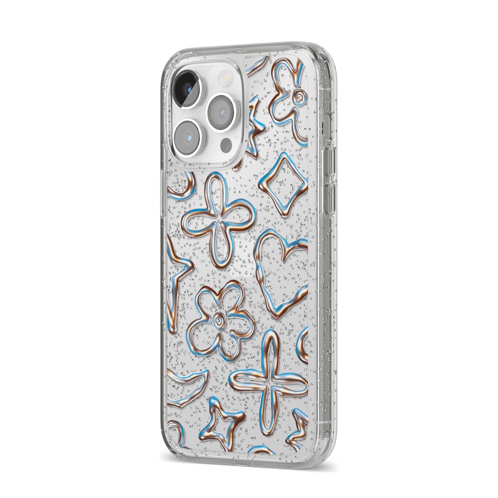 Liquid Chrome Doodles iPhone 14 Pro Max Glitter Tough Case Silver Angled Image