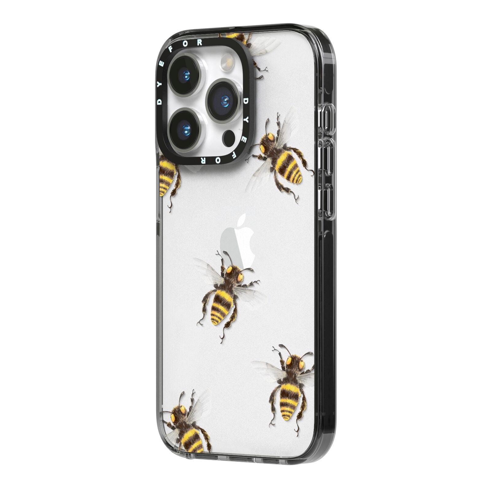 Little Watercolour Bees iPhone 14 Pro Black Impact Case Side Angle on Silver phone