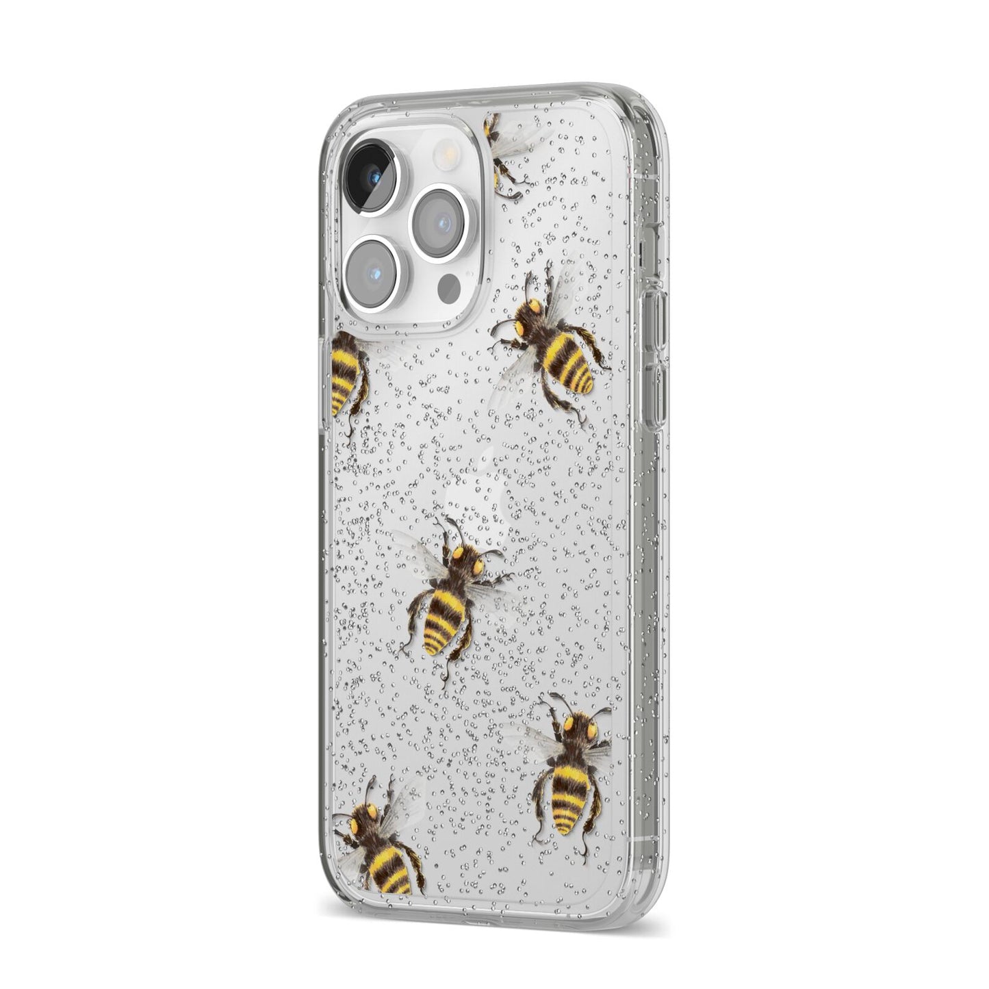 Little Watercolour Bees iPhone 14 Pro Max Glitter Tough Case Silver Angled Image