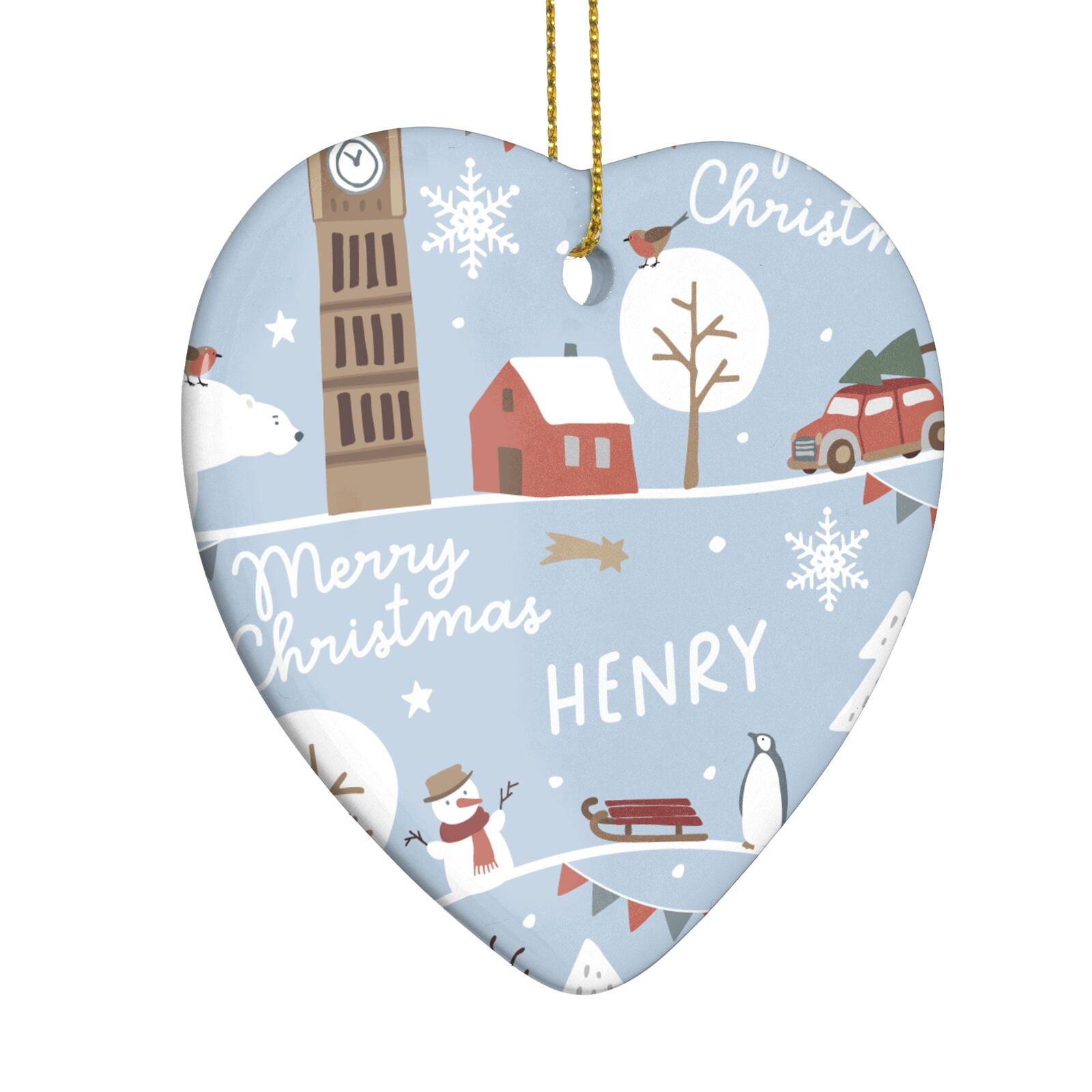 London Christmas Scene Personalised Heart Decoration Side Angle