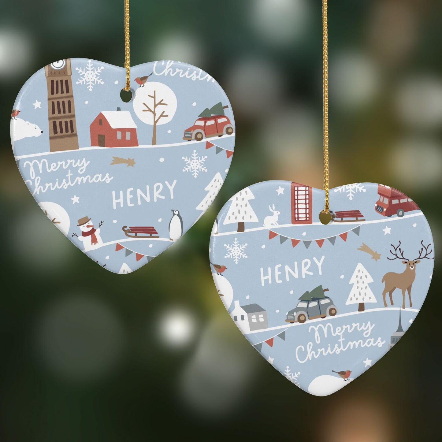 London Christmas Scene Personalised Heart Decoration on Christmas Background