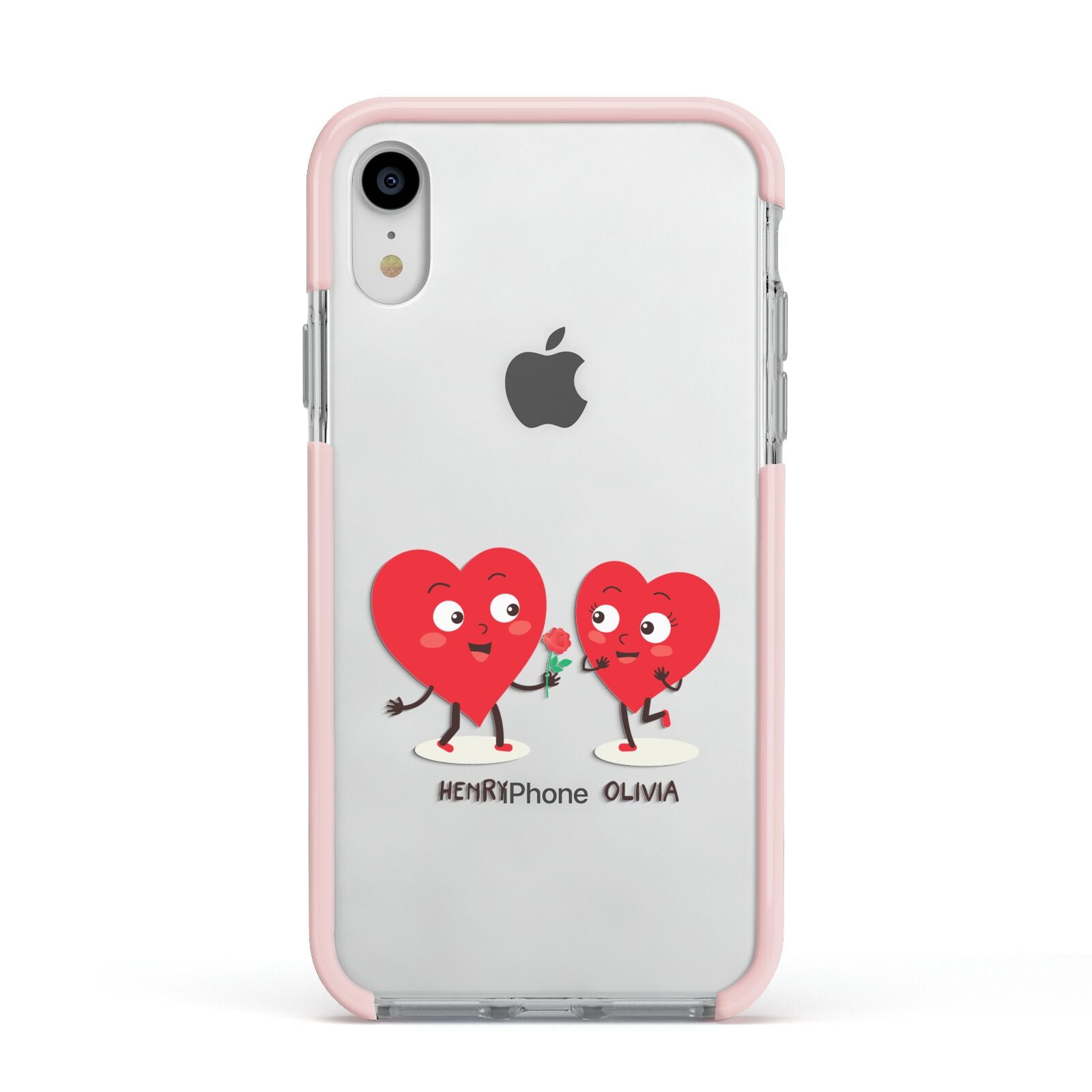 Love Heart Couples Custom Apple iPhone XR Impact Case Pink Edge on Silver Phone
