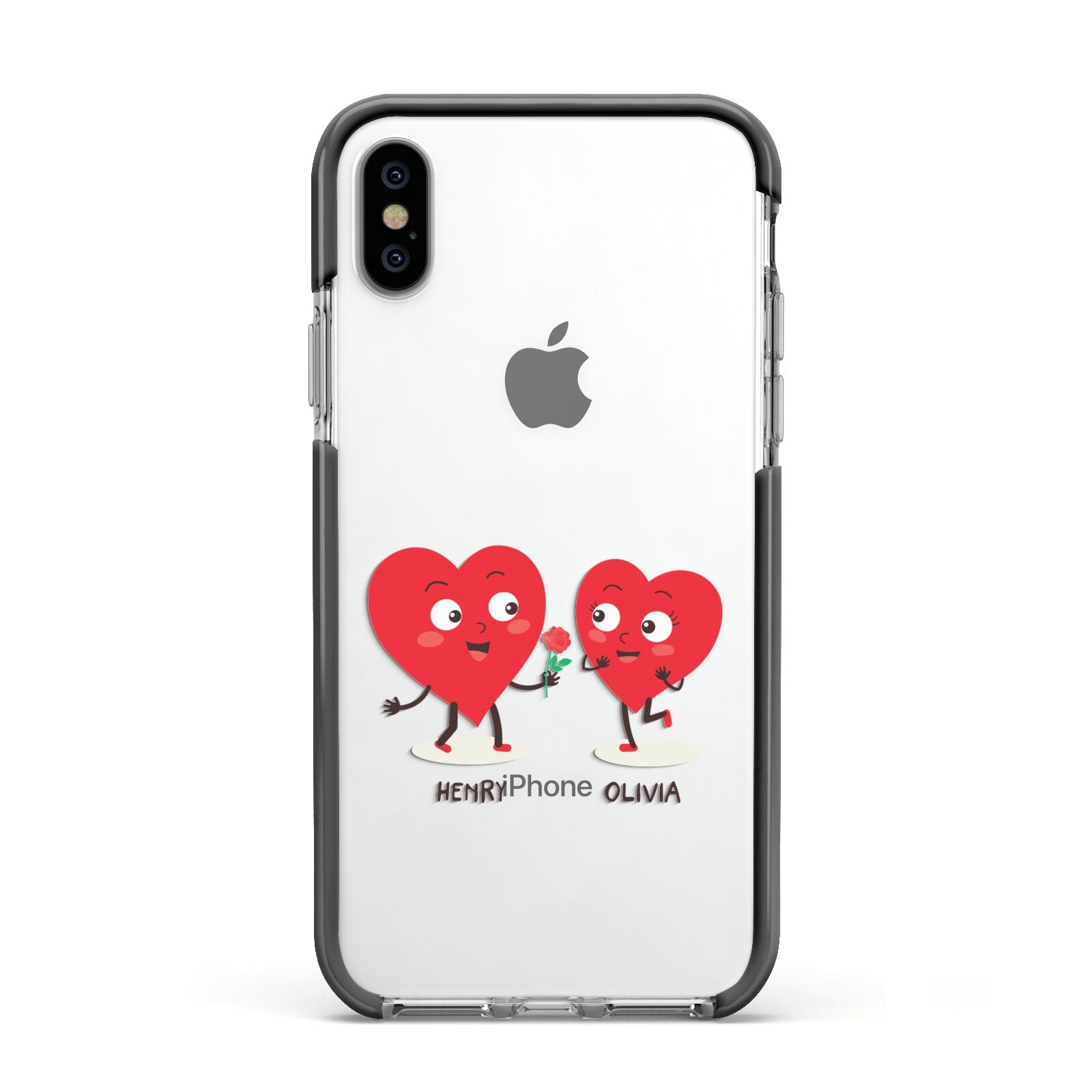 Love Heart Couples Custom Apple iPhone Xs Impact Case Black Edge on Silver Phone