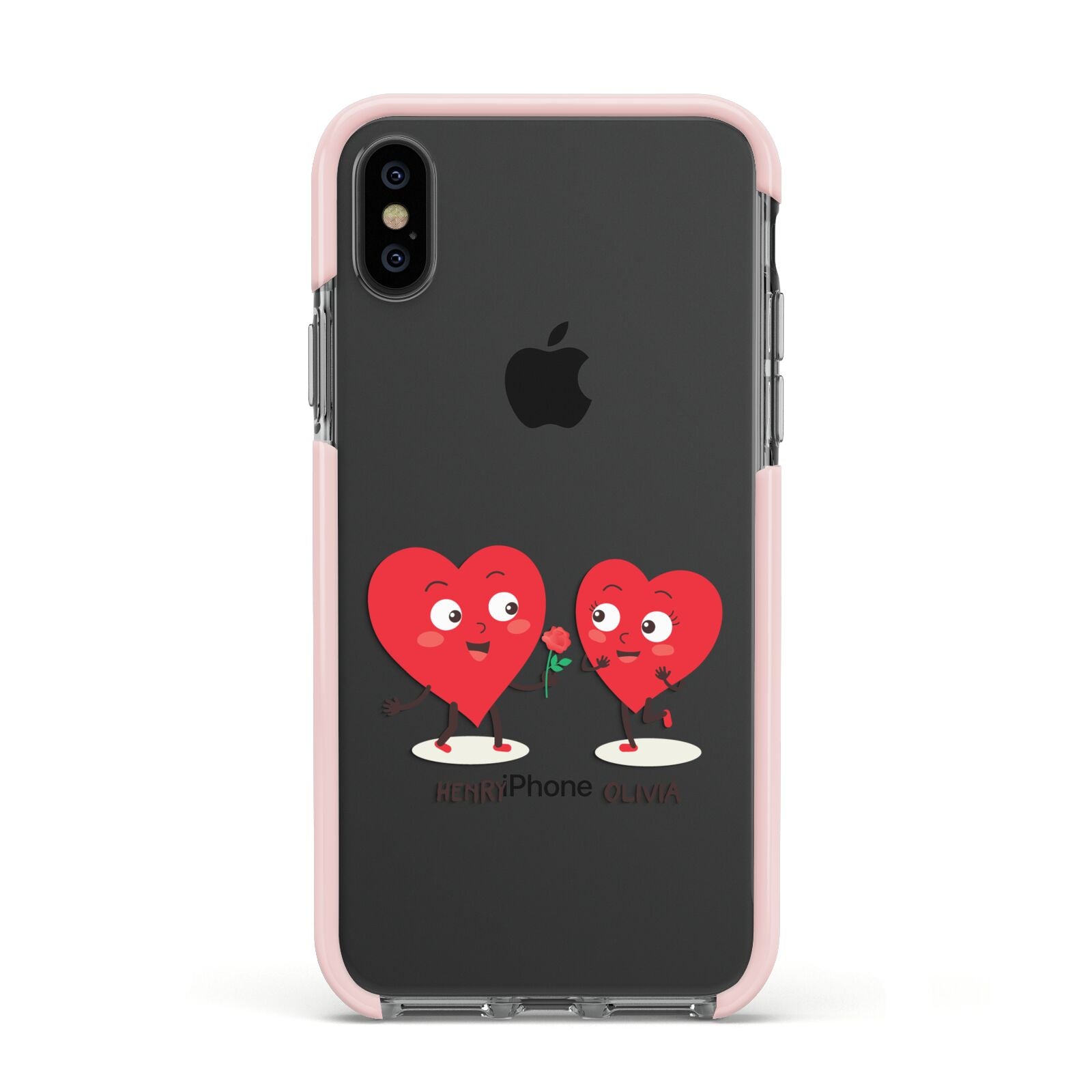 Love Heart Couples Custom Apple iPhone Xs Impact Case Pink Edge on Black Phone